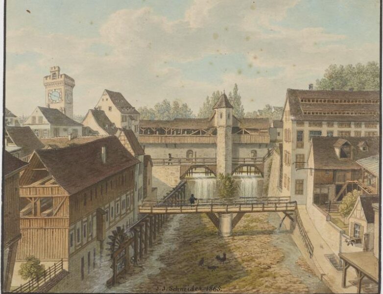 Birsig in der Steinen mit Flusseinlauf hinter Stadtmauer mit Wehranlage (1865)