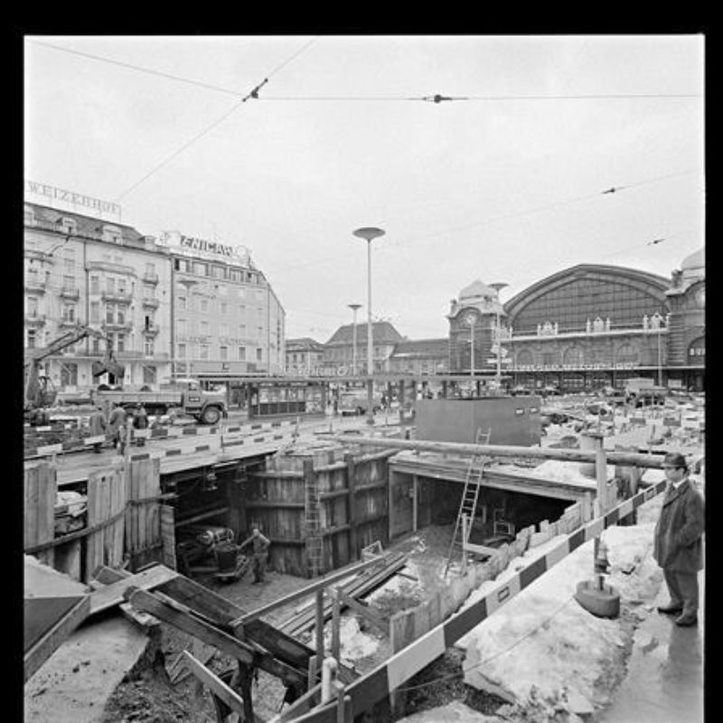 Baustelle SBB-Unterführung, 15. Januar 1968. Staatsarchiv Basel-Stadt, BSL 1013 1-3572 1